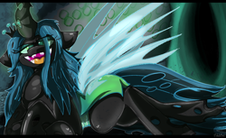 Size: 1890x1160 | Tagged: safe, artist:malachimoet, queen chrysalis, changeling, changeling queen, canterlot wedding 10th anniversary, g4, crown, female, hive, jewelry, looking at you, lying down, regalia, sharp teeth, solo, teeth