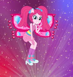 Size: 1296x1376 | Tagged: safe, artist:ketrin29, artist:user15432, pinkie pie, fairy, human, equestria girls, g4, alternate hairstyle, barely eqg related, base used, believix, boots, bow, clothes, crossover, element of laughter, fairy wings, fairyized, fingerless gloves, gloves, gradient background, hair bow, high heel boots, high heels, looking at you, pigtails, pink wings, ponied up, shoes, smiling, socks, solo, sparkly background, sparkly wings, wings, winx, winx club, winxified