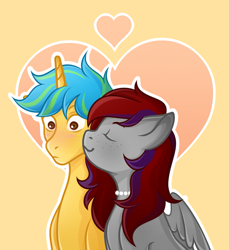 Size: 1455x1588 | Tagged: safe, oc, oc only, oc:sunrise sentry, pegasus, pony, unicorn, cheek kiss, female, freckles, jewelry, kissing, male, mare, necklace, pearl necklace, stallion