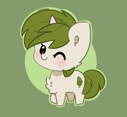 Size: 3224x2974 | Tagged: safe, artist:kittyrosie, oc, pony, unicorn, abstract background, cheek fluff, chest fluff, chibi, cute, high res, horn, ocbetes, one eye closed, simple background, solo, unicorn oc, wink