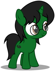 Size: 2550x3275 | Tagged: safe, artist:strategypony, oc, oc only, oc:ambitious gossip, pony, unicorn, accessory, black mane, female, filly, foal, glasses, green coat, high res, horn, meganekko, simple background, transparent background