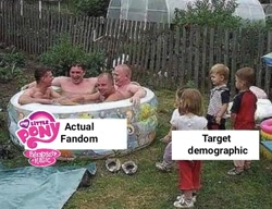 Size: 720x554 | Tagged: safe, edit, human, brony stereotype, irl, irl human, kiddie pool, meme, metaphor, my little pony logo, needs more jpeg, op has a point, op is trying to start shit, op is trying to start shit so badly that it's kinda funny, photo