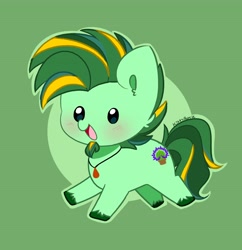Size: 3752x3872 | Tagged: safe, artist:kittyrosie, oc, earth pony, pony, abstract background, blushing, cheek fluff, chest fluff, chibi, cute, earth pony oc, high res, jewelry, necklace, ocbetes, open mouth, simple background, solo