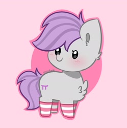 Size: 2042x2048 | Tagged: safe, artist:kittyrosie, oc, earth pony, pony, abstract background, blushing, cheek fluff, chest fluff, chibi, clothes, cute, earth pony oc, high res, ocbetes, simple background, socks, solo, striped socks