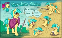 Size: 4096x2515 | Tagged: safe, artist:helmie-art, oc, oc only, oc:karoline skies, earth pony, pony, cloak, clothes, reference sheet, solo, sword, weapon