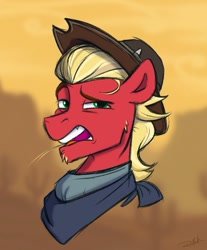 Size: 837x1013 | Tagged: safe, artist:rutkotka, sprout cloverleaf, earth pony, pony, g5, bandana, cowboy hat, hat, male, solo, stallion, straw in mouth
