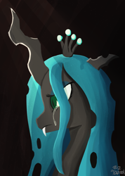 Size: 1800x2530 | Tagged: safe, artist:tazool, queen chrysalis, changeling, changeling queen, canterlot wedding 10th anniversary, g4, bust, crown, female, jewelry, light, looking down, portrait, regalia, sad, solo