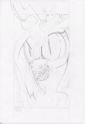 Size: 1900x2748 | Tagged: safe, artist:abronyaccount, derpibooru exclusive, queen chrysalis, changeling, changeling queen, g4, bust, fangs, female, grayscale, mare, monochrome, open mouth, pencil drawing, sketch, slit pupils, traditional art
