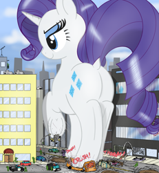Size: 1399x1512 | Tagged: safe, artist:qkersnll, rarity, pony, unicorn, g4, butt, city, crushing, destruction, dock, female, giant pony, giantess, macro, mare, out of character, plot, rearity, tail, underhoof