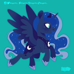 Size: 2048x2048 | Tagged: safe, artist:3ggmilky, princess luna, alicorn, pony, g4, crown, cute, ethereal mane, female, flying, high res, hoof shoes, jewelry, lunabetes, mare, open mouth, open smile, regalia, simple background, smiling, solo, starry mane, starry tail, tail, teal background