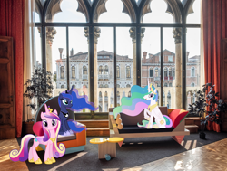 Size: 1920x1454 | Tagged: safe, artist:90sigma, artist:istilllikegamecubes, artist:mlplover94, princess cadance, princess celestia, princess luna, alicorn, pony, g4, building, chair, couch, crown, female, hoof shoes, irl, jewelry, looking at you, mare, memphis, open mouth, photo, ponies in real life, regalia, royal sisters, siblings, sisters, sitting, smiling, tennessee, trio