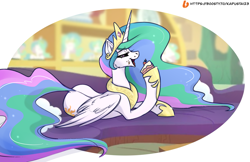 Size: 2485x1614 | Tagged: safe, artist:kapusta123, princess celestia, alicorn, pony, g4, cake, cakelestia, cheek fluff, colored, crown, dock, eating, female, food, herbivore, horn, jewelry, long mane, long tail, lying down, mare, on side, partially open wings, peytral, prone, regalia, slim, solo, spine, tail, thin, wings