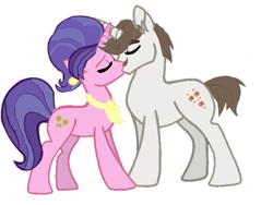 Size: 640x480 | Tagged: safe, artist:decokenite, artist:melspyrose, cookie crumbles, hondo flanks, pony, unicorn, g4, base used, clothes, ear piercing, earring, female, jewelry, kissing, male, mare, parent, piercing, requested art, scarf, ship:cookieflanks, shipping, simple background, stallion, straight, touching hooves, white background