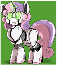 Size: 1086x1248 | Tagged: safe, artist:malachimoet, sweetie belle, pony, robot, robot pony, unicorn, friendship is witchcraft, alternate universe, female, filly, foal, glowing, glowing eyes, green background, grin, looking at you, magic, magic aura, simple background, smiling, smiling at you, solo, sweetie bot