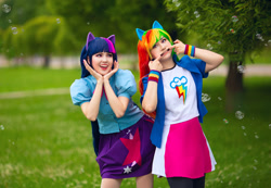 Size: 1280x884 | Tagged: safe, artist:krutaiamaria, artist:seabeersky, rainbow dash, twilight sparkle, human, equestria girls, g4, bubble, clothes, cosplay, costume, duo, irl, irl human, multicolored hair, photo, rainbow hair