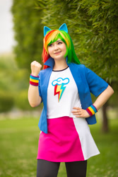 Size: 1280x1920 | Tagged: safe, artist:seabeersky, rainbow dash, human, equestria girls, g4, clothes, cosplay, costume, hand on hip, irl, irl human, multicolored hair, photo, rainbow hair, solo