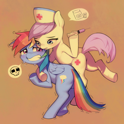 Size: 3194x3194 | Tagged: safe, artist:aruurara, nurse redheart, rainbow dash, earth pony, pegasus, pony, g4, blushing, butt, crying, cute, dashabetes, female, gritted teeth, high res, hoof hold, hug, injection, mare, needle, nurse, open mouth, pictogram, plot, scared, shaking, shivering, skull, syringe, teary eyes, teeth, trypanophobia, underhoof, vaccination