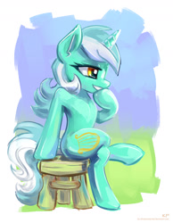 Size: 1400x1800 | Tagged: safe, artist:kp-shadowsquirrel, lyra heartstrings, pony, unicorn, g4, chair, female, grin, horn, mare, sitting, smiling, solo, stool