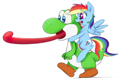 Size: 1161x782 | Tagged: safe, artist:firenhooves, rainbow dash, pony, yoshi, g4, crossover, cute, long tongue, nintendo, open mouth, rainbow dash riding yoshi, riding, simple background, super mario bros., tongue out, video game, white background