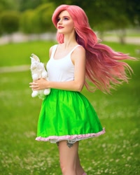 Size: 1080x1350 | Tagged: safe, artist:yofipie, fluttershy, human, equestria girls, g4, bare shoulders, clothes, cosplay, costume, irl, irl human, photo, sleeveless, solo, tank top, windswept hair