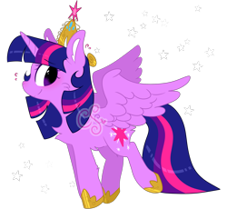 Size: 2700x2480 | Tagged: safe, artist:cutiesparke, twilight sparkle, alicorn, pony, g4, big crown thingy, chest fluff, ear fluff, element of magic, high res, hoof shoes, jewelry, looking back, nervous, raised hoof, regalia, simple background, solo, spread wings, stars, sweat, sweatdrop, transparent background, twilight sparkle (alicorn), watermark, wings