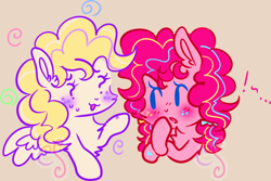 Size: 754x503 | Tagged: safe, artist:cutiesparke, pinkie pie, surprise, earth pony, pegasus, pony, g1, g4, ..., adoraprise, alternate design, beige background, blushing, bow, bust, chest fluff, confused, crossed arms, cute, diapinkes, ear fluff, exclamation point, female, fluffy mane, freckles, g1 to g4, generation leap, hair bow, hoof heart, looking at each other, looking at someone, mare, pigtails, pinkie being pinkie, question mark, raised hoof, self paradox, self ponidox, silly, simple background, spread wings, surprise being surprise, swirls, thinking, wingding eyes, wings