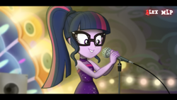 Size: 1920x1080 | Tagged: safe, artist:alex mlp, edit, edited screencap, screencap, sci-twi, twilight sparkle, human, equestria girls, equestria girls specials, g4, my little pony equestria girls: better together, my little pony equestria girls: spring breakdown, all good (song), bare shoulders, clothes, cute, dress, female, glasses, grin, microphone, sci-twiabetes, sleeveless, smiling, solo, twiabetes