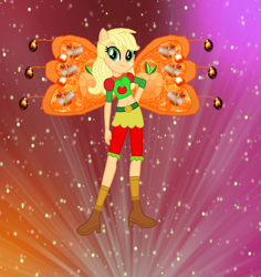 Size: 1297x1376 | Tagged: safe, artist:ketrin29, artist:user15432, applejack, fairy, human, equestria girls, g4, alternate hairstyle, barely eqg related, base used, believix, belly button, boots, clothes, cowboy boots, crossover, element of honesty, fairy wings, fairyized, gradient background, hand on hip, high heel boots, high heels, looking at you, orange wings, ponied up, shoes, socks, solo, sparkly background, sparkly wings, wings, winx, winx club, winxified