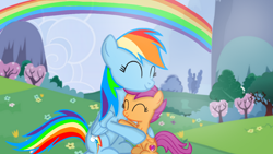 Size: 1280x720 | Tagged: safe, artist:mlplary6, rainbow dash, scootaloo, pegasus, pony, g4, ^^, eyes closed, female, filly, flower, foal, folded wings, grass, happy, hug, mare, mountain, rainbow, scootalove, siblings, sisters, sitting, sky, smiling, tree, wallpaper, wings