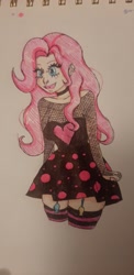 Size: 999x2048 | Tagged: safe, artist:thepinkmarket, pinkie pie, human, g4, alternate hairstyle, blushing, choker, clothes, dress, ear piercing, earring, emo, female, humanized, jewelry, nose piercing, nose ring, open mouth, piercing, ring, socks, solo, stockings, striped socks, thigh highs, tongue piercing, traditional art