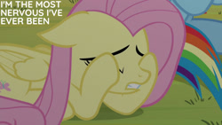 Size: 1280x720 | Tagged: safe, edit, edited screencap, editor:quoterific, screencap, fluttershy, rainbow dash, pegasus, pony, 2 4 6 greaaat, g4, season 9, eyes closed, female, mare, offscreen character, solo focus, text