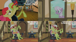 Size: 1280x720 | Tagged: safe, edit, edited screencap, editor:quoterific, screencap, apple bloom, cheerilee, granny smith, earth pony, pony, family appreciation day, g4, my little pony: friendship is magic, season 2, apple bloom's bow, bow, eyes closed, female, filly, foal, glasses, hair bow, mare, open mouth, sleeping, spread wings, text, trio, wings