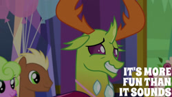 Size: 1280x720 | Tagged: safe, edit, edited screencap, editor:quoterific, screencap, daisy, flower wishes, meadow song, thorax, changedling, changeling, earth pony, pony, celestial advice, g4, season 7, balloon, female, grin, king thorax, male, mare, nervous, nervous smile, smiling, stallion, text, trio, twilight's castle