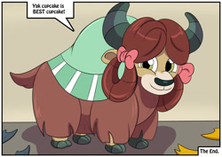Size: 1280x905 | Tagged: safe, artist:rex-equinox, yona, yak, comic:horned cupcake, g4, dialogue, female, human to yak, male to female, post-transformation, rule 63, smiling, speech bubble, transformation, transformation sequence, transgender transformation