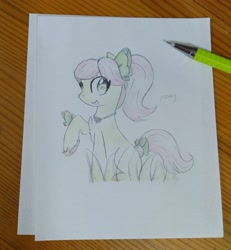 Size: 2812x3038 | Tagged: safe, artist:twiliset, posey bloom, butterfly, earth pony, pony, g5, bow, grass, heart, heart eyes, high res, looking at you, mechanical pencil, simple background, smiling, smiling at you, solo, tail, tail bow, traditional art, wingding eyes
