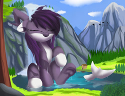 Size: 1280x988 | Tagged: safe, artist:joaothejohn, oc, oc only, original species, pony, shark, shark pony, commission, cute, eyes closed, forest, giant pony, house, macro, mountain, smiling, solo, tree, underhoof, waterfall