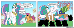 Size: 3248x1264 | Tagged: safe, artist:stonedraws, princess celestia, scootaloo, alicorn, pegasus, pony, g4, cannon, comic, crowd, crown, cute, dialogue, excited, hopping, horn, jewelry, pony cannonball, princess trollestia, pure unfiltered evil, regalia, screaming, slapstick, speech bubble, to the moon, trollestia, wings