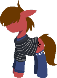 Size: 1503x2043 | Tagged: safe, artist:darksoma, oc, earth pony, pony, blue shirt, clothes, covered eyes, expression, ponysona, recreation, shirt, simple background, socks, solo, striped shirt, thigh highs, transparent background