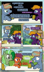 Size: 1920x3168 | Tagged: safe, artist:alexdti, oc, oc only, oc:brainstorm (alexdti), oc:purple creativity, oc:screwpine caprice, oc:vee, pegasus, pony, unicorn, comic:quest for friendship, comic, dialogue, dot eyes, eye contact, female, floppy ears, folded wings, glasses, glowing, glowing horn, grin, high res, hooves, horn, looking at each other, looking at someone, looking back, magic, male, mare, mug, narrowed eyes, nervous, nervous smile, open mouth, outdoors, pegasus oc, raised eyebrow, raised hoof, smiling, speech bubble, spread wings, stallion, task failed successfully, telekinesis, two toned mane, underhoof, unicorn oc, wings