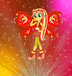 Size: 1297x1376 | Tagged: safe, artist:ketrin29, artist:user15432, sunset shimmer, fairy, human, equestria girls, g4, alternate hairstyle, barely eqg related, base used, believix, belly button, boots, clothes, crossover, fairy wings, fairyized, gradient background, hand on hip, high heel boots, high heels, looking at you, ponied up, red wings, shoes, solo, sparkly background, sparkly wings, wings, winx, winx club, winxified