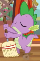 Size: 293x440 | Tagged: safe, screencap, spike, dragon, g4, season 4, twilight time, broom, cropped, eyes closed, golden oaks library, male, solo, sweeping, whistling, youtube link