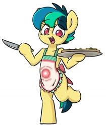 Size: 867x1033 | Tagged: safe, artist:spheedc, oc, oc only, oc:apogee, pegasus, pony, apron, bipedal, clothes, eye clipping through hair, eyebrows, eyebrows visible through hair, female, filly, foal, food, knife, looking at you, open mouth, open smile, pegasus oc, simple background, smiling, smiling at you, solo, white background