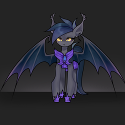 Size: 2000x2000 | Tagged: safe, artist:minty--fresh, oc, oc only, bat pony, :/, bat pony oc, black sclera, glowing, glowing eyes, gradient background, high res, large wings, male, night guard, solo, wings, yellow eyes