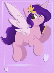 Size: 1047x1400 | Tagged: safe, artist:modularpon, part of a set, pipp petals, pegasus, pony, g5, adorapipp, animated, cellphone, cute, female, flapping wings, flying, heart, hoof hold, looking at you, mare, phone, purple background, simple background, smartphone, solo, wings