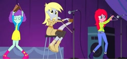 Size: 1206x558 | Tagged: safe, screencap, blueberry pie, derpy hooves, raspberry fluff, human, equestria girls, g4, my little pony equestria girls: rainbow rocks, bell, cowbell, eyes closed, female, microphone, microphone stand, musical instrument, musical saw, sitting, smiling, speaker, stool, the muffins, triangle, trio, trio female