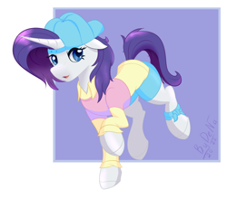 Size: 2624x2304 | Tagged: safe, artist:bydena, rarity, pony, unicorn, g4, alternate hairstyle, baseball cap, blue eyes, cap, clothes, disguise, fanart, female, hat, high res, plainity, purple hair, shirt, shorts, solo