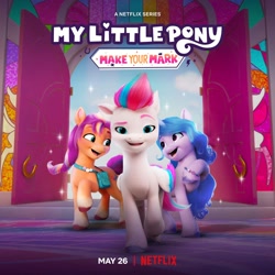 Size: 1500x1500 | Tagged: safe, izzy moonbow, sunny starscout, zipp storm, earth pony, pegasus, pony, unicorn, g5, my little pony: make your mark, official, female, my little pony logo, netflix