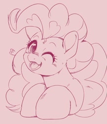 Size: 1668x1923 | Tagged: safe, artist:kurogewapony, pinkie pie, earth pony, pony, g4, blushing, female, looking at you, mare, monochrome, one eye closed, open mouth, open smile, simple background, smiling, smiling at you, solo, wink, winking at you