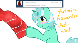 Size: 1080x600 | Tagged: safe, artist:azure-doodle, lyra heartstrings, pony, g4, blushing, hooves, sexually confused lyra, solo