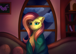 Size: 4959x3508 | Tagged: safe, artist:flapstune, angel bunny, fluttershy, pegasus, pony, g4, book, bookshelf, cheek fluff, chest fluff, cloud, couch, cute, ear fluff, female, fluffy, looking at you, mare, painting, pillow, plaid, shyabetes, signature, sitting, smiling, solo, window